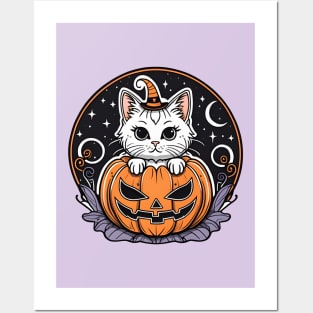 Halloween Pumpkin with Cute Cat Posters and Art